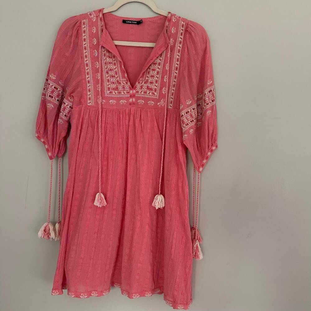 Love Sam Embroidered Tunic Dress Peasant Boho Beach 100% Cotton - XS